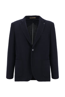 Koyu Lacivert Relaxed Fit Rahat Kesim Yünlü Desenli Ceket