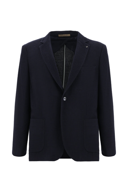 Koyu Lacivert Relaxed Fit Rahat Kesim Yünlü Desenli Ceket