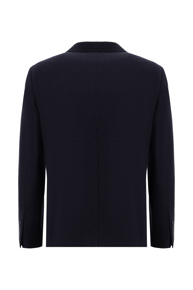 Koyu Lacivert Slim Fit Dar Kesim Yünlü Desenli Ceket