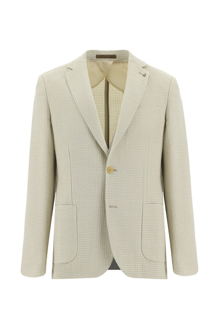 Krem Slim Fit Dar Kesim Yünlü Desenli Ceket