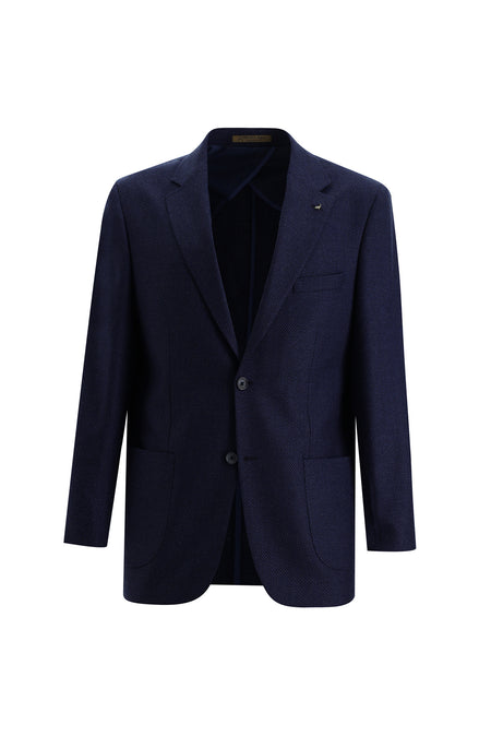 Koyu Lacivert Relaxed Fit Rahat Kesim Yünlü Desenli Ceket