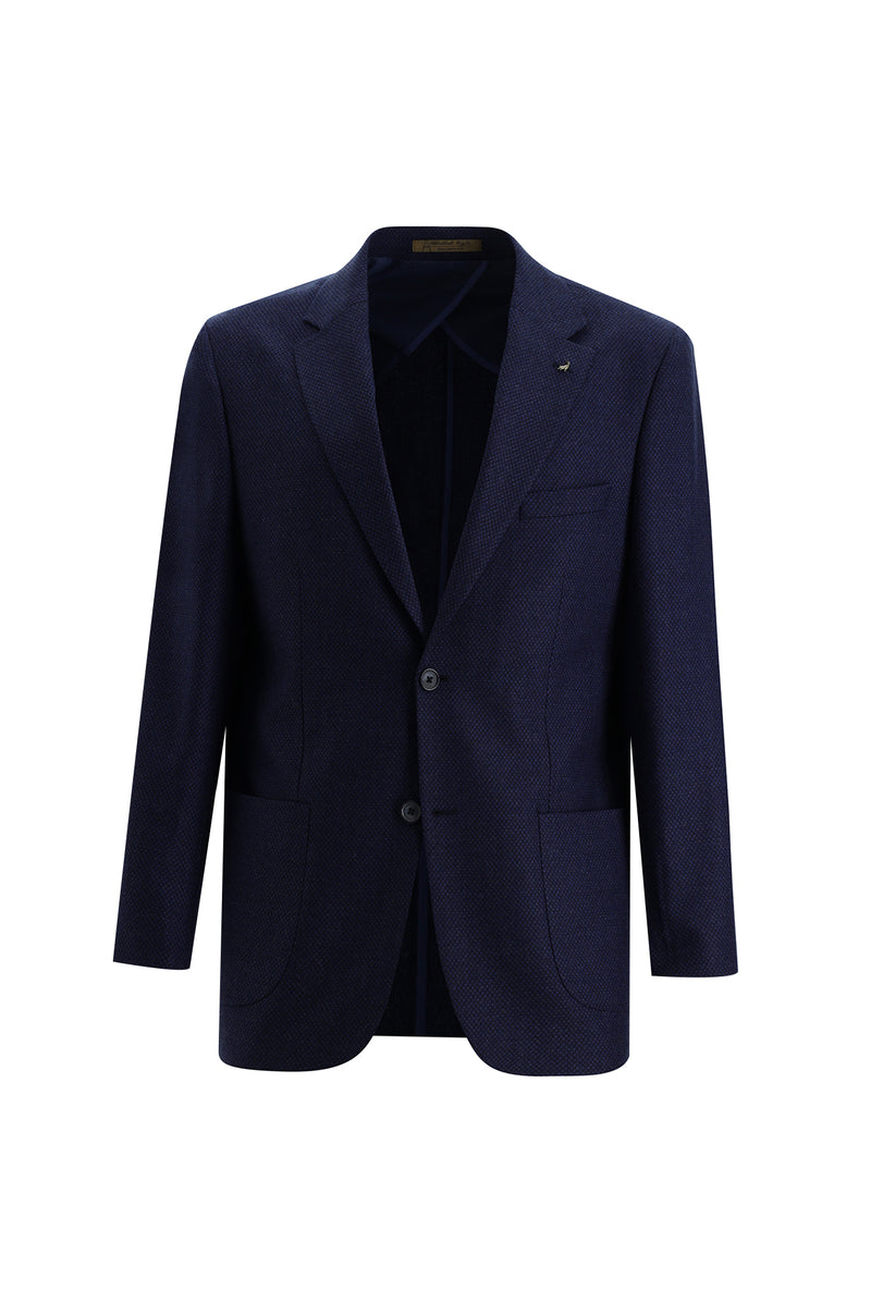Koyu Lacivert Relaxed Fit Rahat Kesim Yünlü Desenli Ceket