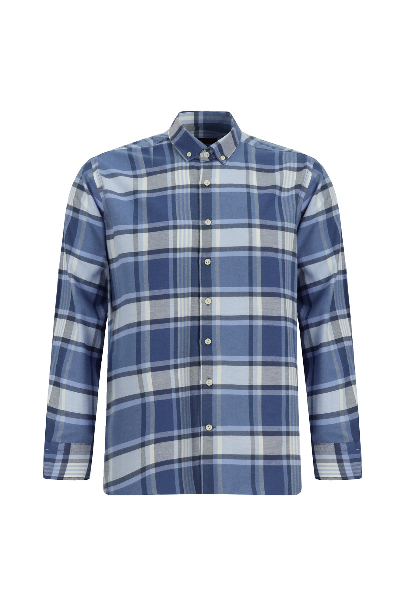 Havacı Mavi Uzun Kol Regular Fit Düğmeli Yaka Oduncu Ekose Pamuklu Kolay Ütülenebilir Gömlek