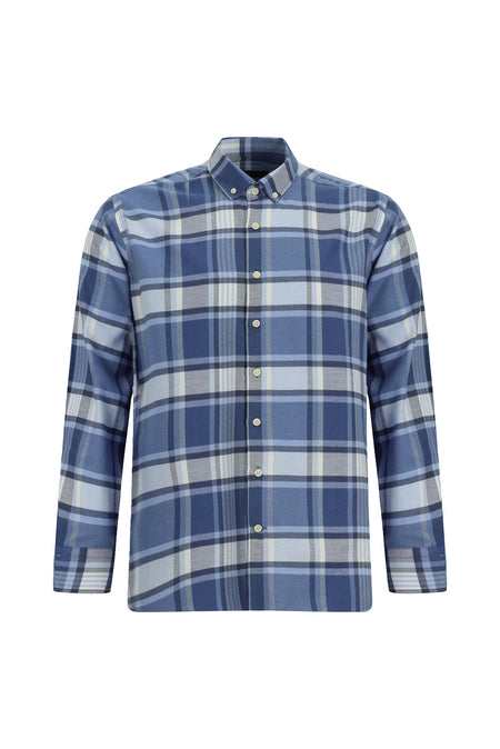 Havacı Mavi Uzun Kol Regular Fit Düğmeli Yaka Oduncu Ekose Pamuklu Kolay Ütülenebilir Gömlek