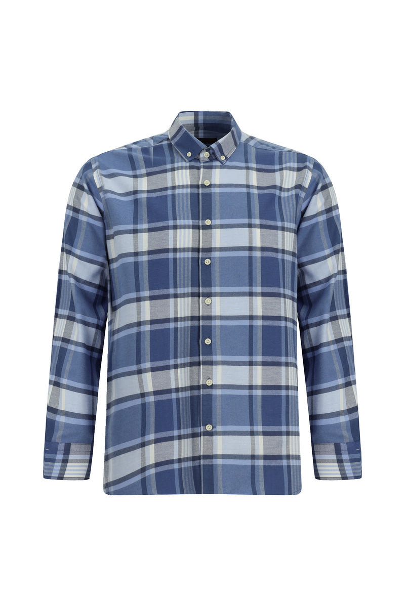 Havacı Mavi Uzun Kol Regular Fit Düğmeli Yaka Oduncu Ekose Pamuklu Kolay Ütülenebilir Gömlek