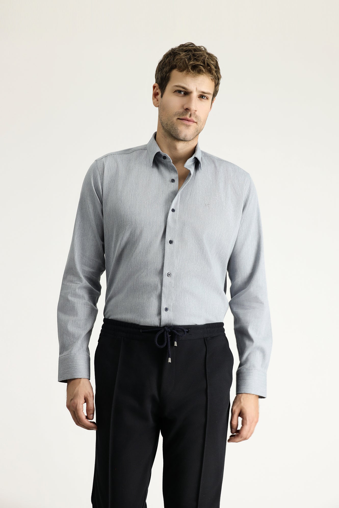 Açık Mavi Uzun Kol Slim Fit Dar Kesim Desenli Pamuklu Gömlek
