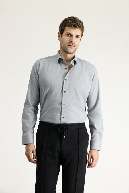 Açık Mavi Uzun Kol Slim Fit Dar Kesim Desenli Pamuklu Gömlek