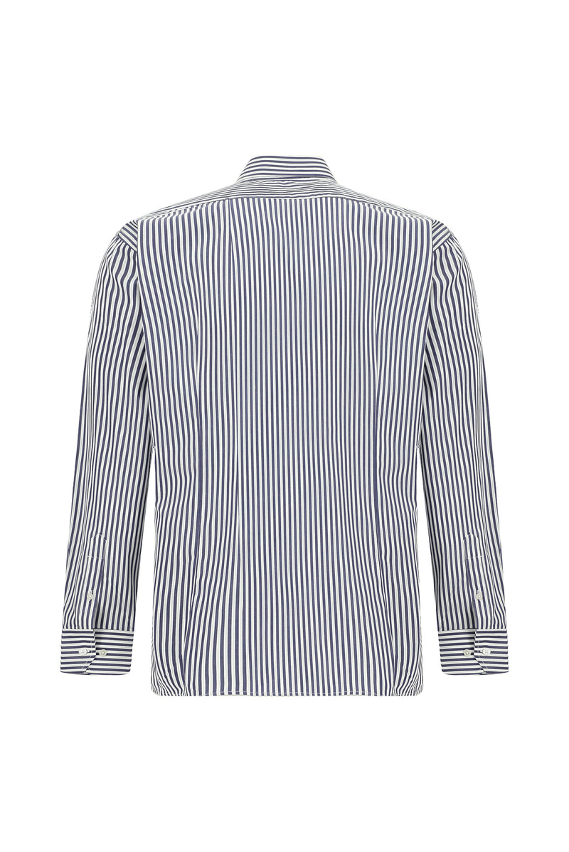 Beyaz Uzun Kol Regular Fit Düğmeli Yaka Çizgili Pamuk Gömlek