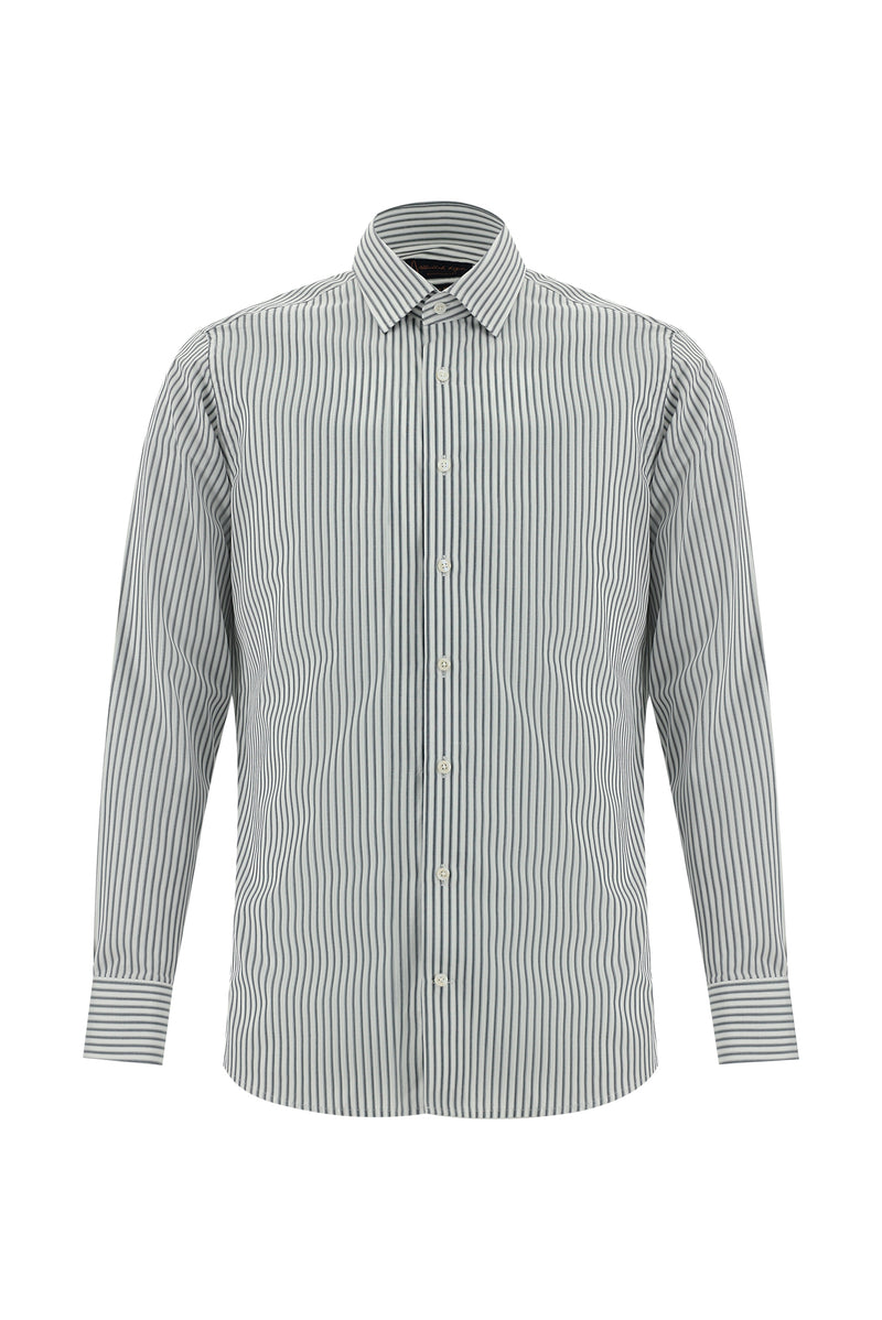 Orta Füme Uzun Kol Slim Fit Dar Kesim Çizgili Pamuk Gömlek