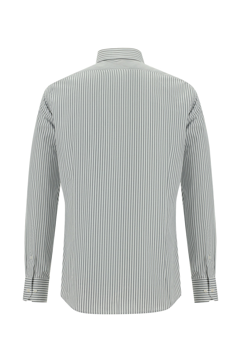 Orta Füme Uzun Kol Slim Fit Dar Kesim Çizgili Pamuk Gömlek