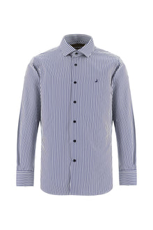 Koyu Lacivert Uzun Kol Slim Fit Dar Kesim İtalyan Çizgili Pamuklu Gömlek