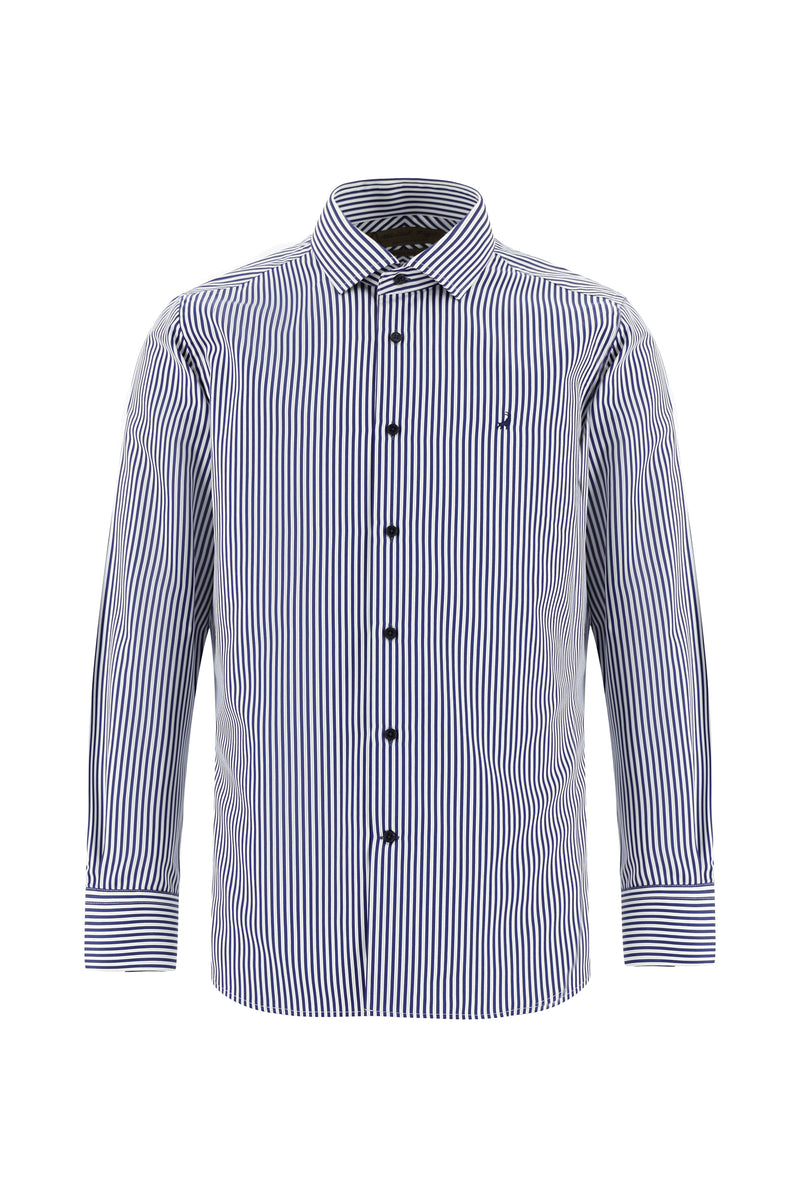 Koyu Lacivert Uzun Kol Slim Fit Dar Kesim İtalyan Çizgili Pamuklu Gömlek