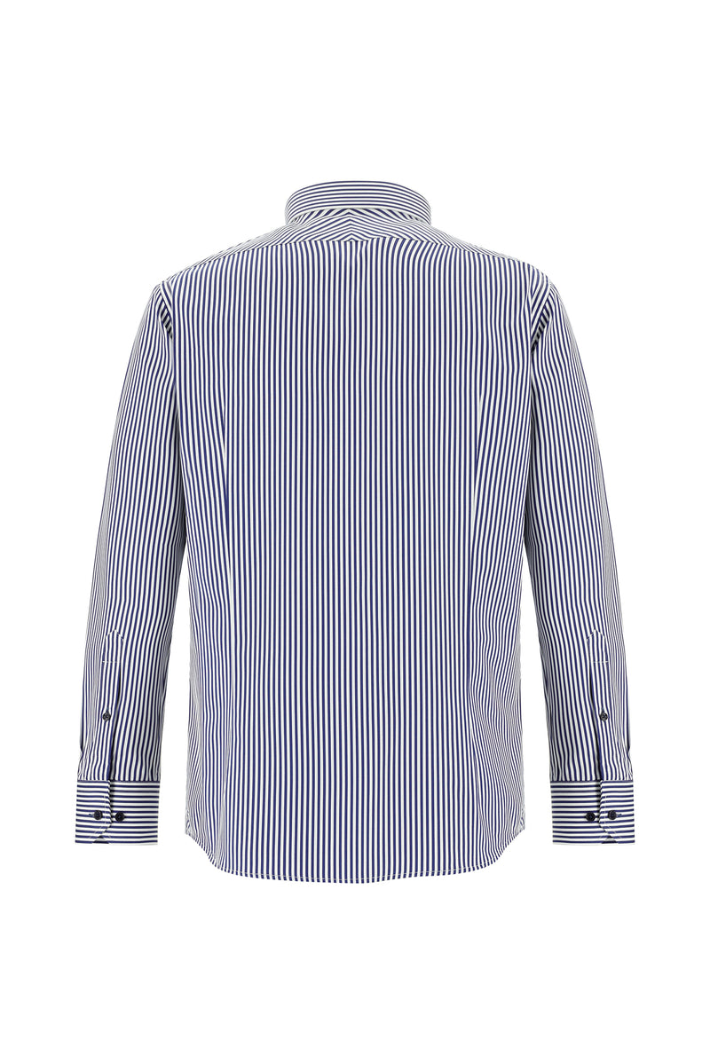 Koyu Lacivert Uzun Kol Slim Fit Dar Kesim İtalyan Çizgili Pamuklu Gömlek