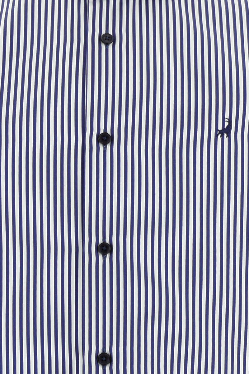Koyu Lacivert Uzun Kol Slim Fit Dar Kesim İtalyan Çizgili Pamuklu Gömlek