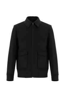 Siyah Slim Fit Dar Kesim Yünlü Kaşe Mont