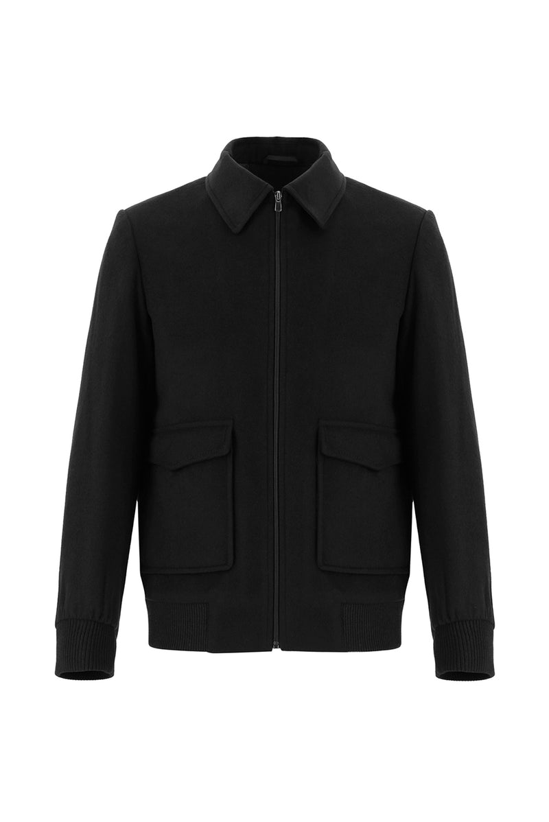 Siyah Slim Fit Dar Kesim Yünlü Kaşe Mont