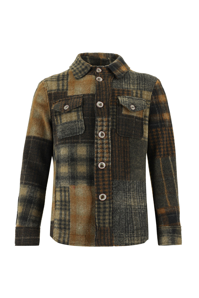 Orta Kahve Slim Fit Dar Kesim Desenli Yünlü Gömlek / Mont