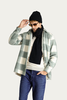 Çağla Yeşili Uzun Kol Oversize Ekose Shacket Gömlek / Mont