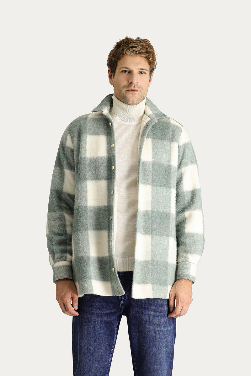 Çağla Yeşili Uzun Kol Oversize Ekose Shacket Gömlek / Mont