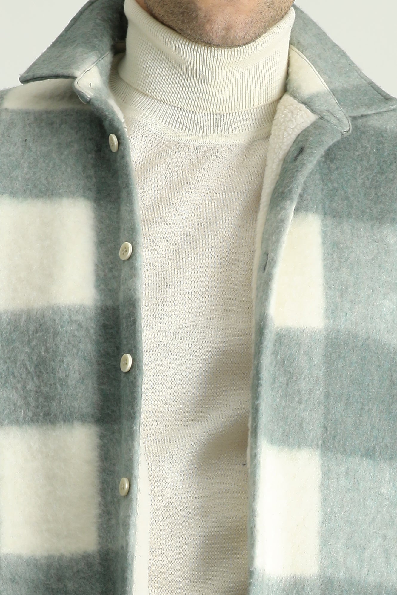 Çağla Yeşili Uzun Kol Oversize Ekose Shacket Gömlek / Mont