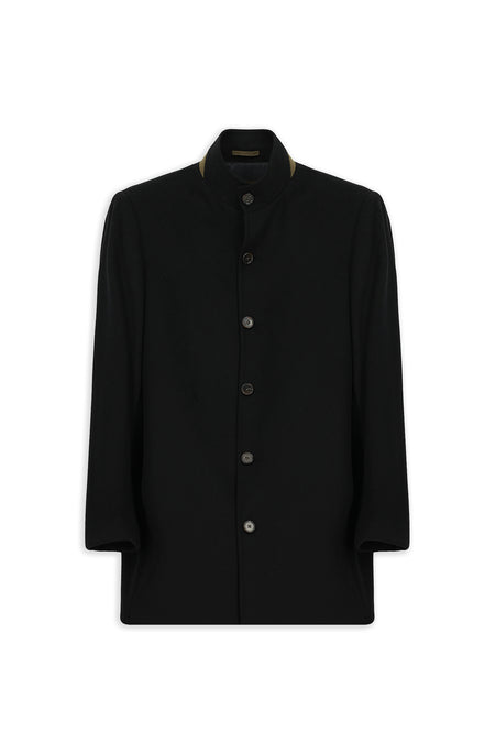 Siyah Slim Fit Dar Kesim Dik Yaka Cepli Yünlü Klasik Kaban