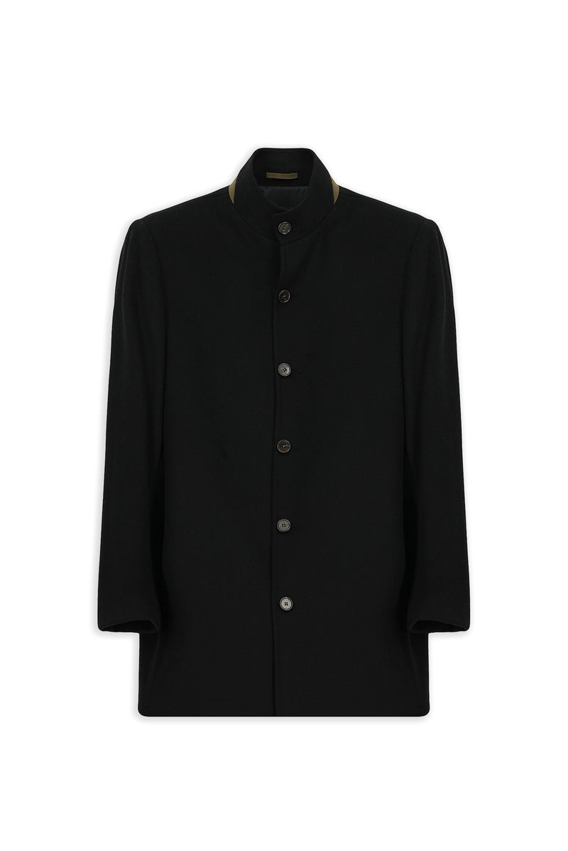 Siyah Slim Fit Dar Kesim Dik Yaka Cepli Yünlü Klasik Kaban