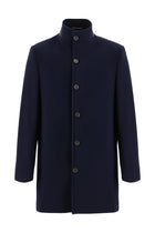 Koyu Lacivert Slim Fit Dar Kesim Dik Yaka Cepli Yünlü Klasik Kaban