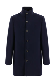 Koyu Lacivert Slim Fit Dar Kesim Dik Yaka Cepli Yünlü Klasik Kaban