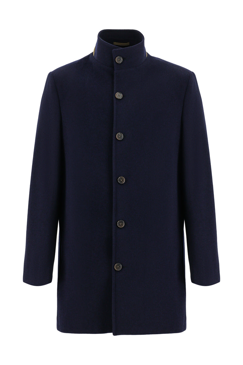 Koyu Lacivert Slim Fit Dar Kesim Dik Yaka Cepli Yünlü Klasik Kaban