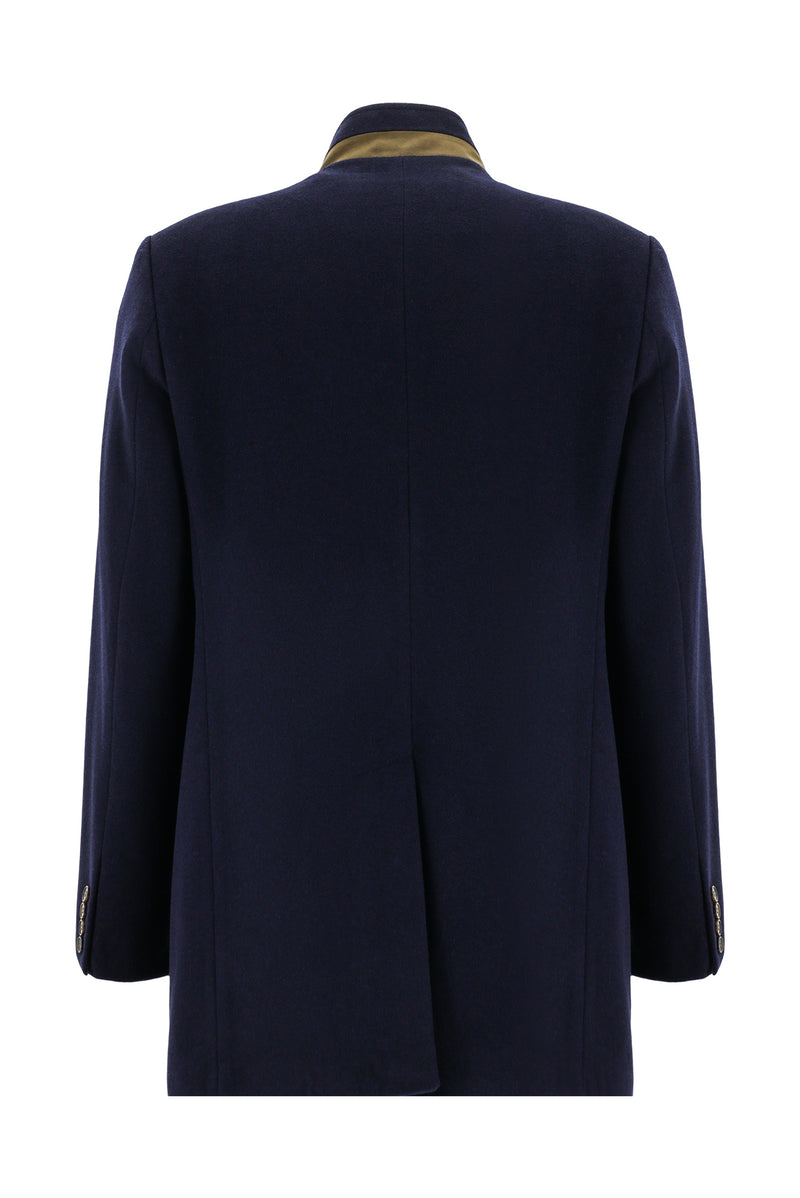 Koyu Lacivert Slim Fit Dar Kesim Dik Yaka Cepli Yünlü Klasik Kaban