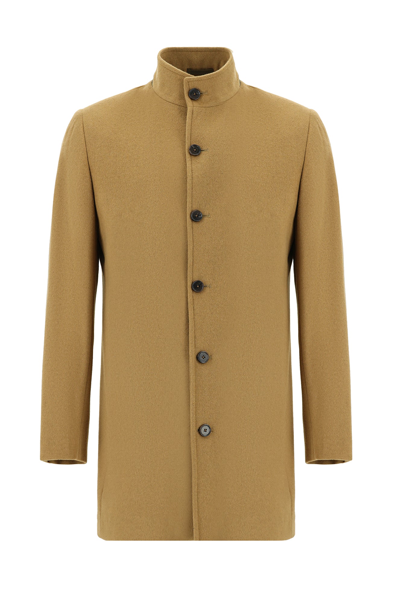 Camel Slim Fit Dar Kesim Yünlü Kaban