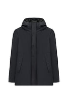 Koyu Lacivert Slim Fit Dar Kesim Kapüşonlu Dik Yaka Cepli Rüzgar Geçirmez Şişme Spor Kaban