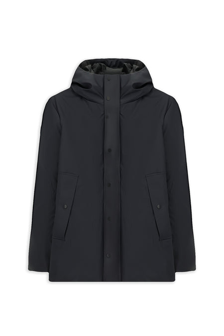 Koyu Lacivert Slim Fit Dar Kesim Kapüşonlu Dik Yaka Cepli Rüzgar Geçirmez Şişme Spor Kaban