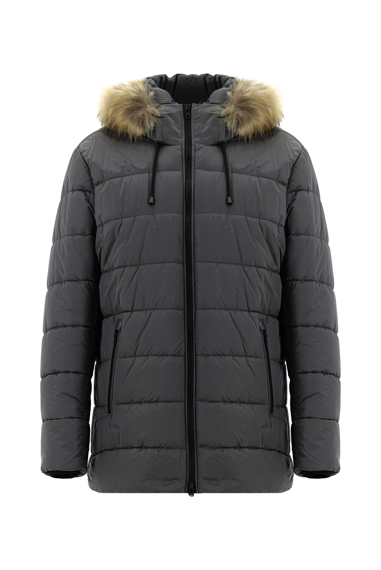 Orta Gri Slim Fit Dar Kesim Kapüşonlu Spor Kaban