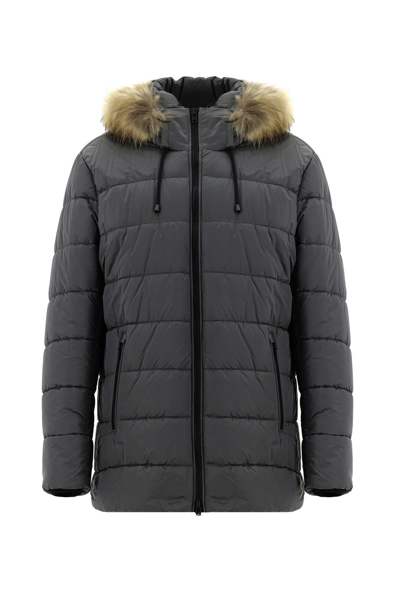 Orta Gri Slim Fit Dar Kesim Kapüşonlu Spor Kaban
