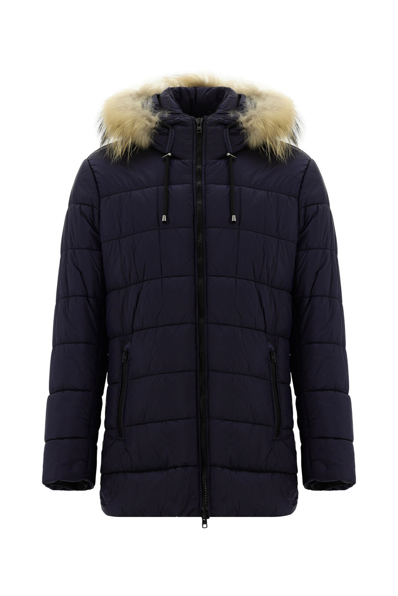 Koyu Lacivert Slim Fit Dar Kesim Kapüşonlu Spor Kaban