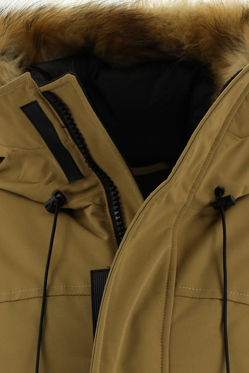 Koyu Bej Kürklü Kapüşonlu Spor Kaban