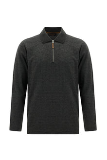 Orta Antrasit Polo Yaka Regular Fit Fermuarlı Desenli Sweatshirt