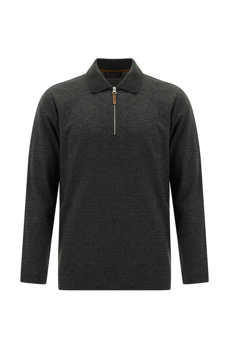 Orta Antrasit Polo Yaka Regular Fit Fermuarlı Desenli Sweatshirt