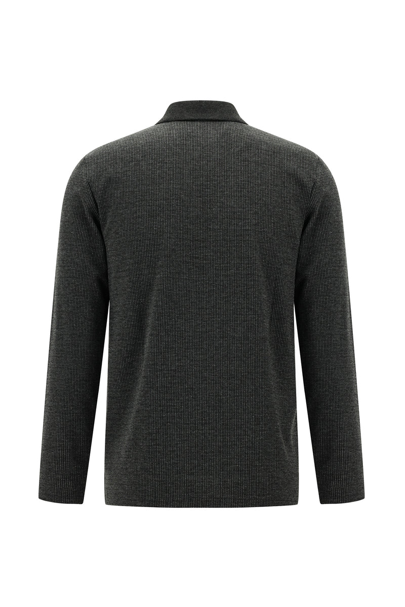 Orta Antrasit Polo Yaka Regular Fit Fermuarlı Desenli Sweatshirt