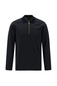 Koyu Lacivert Polo Yaka Regular Fit Fermuarlı Desenli Sweatshirt