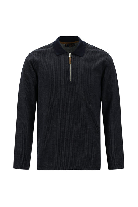 Koyu Lacivert Polo Yaka Regular Fit Fermuarlı Desenli Sweatshirt