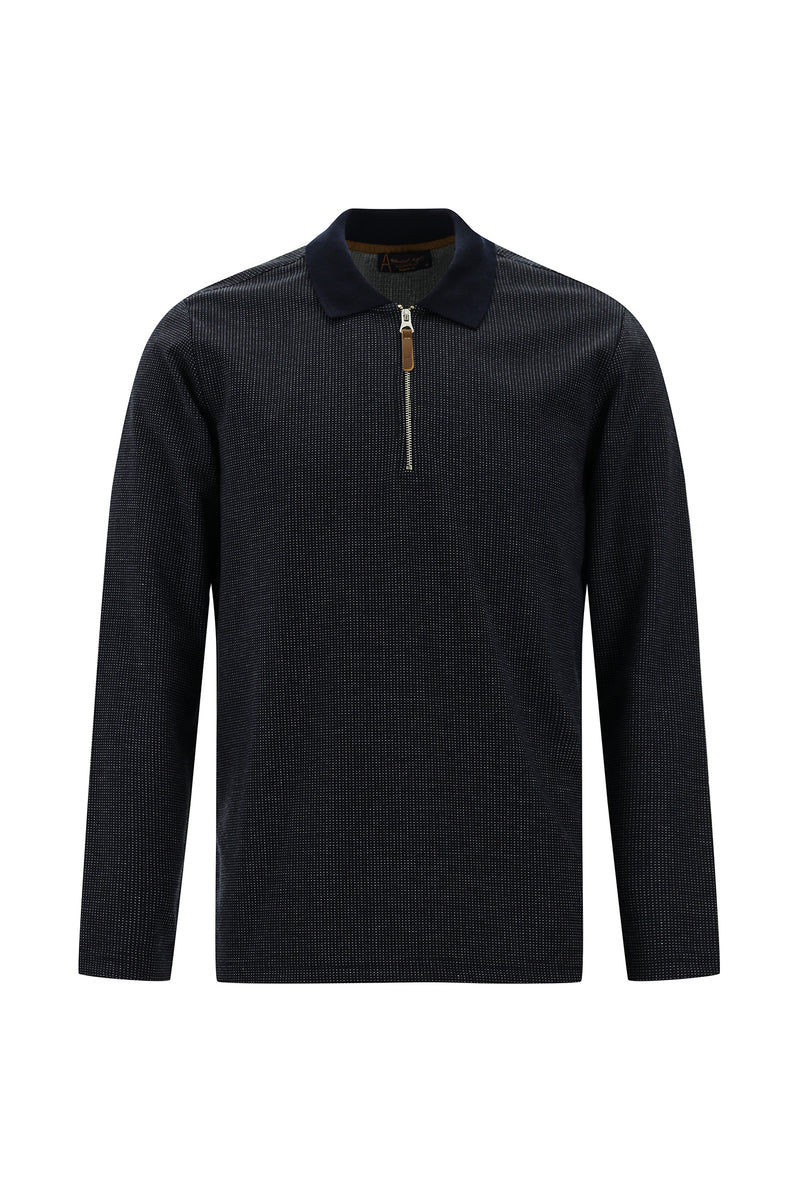 Koyu Lacivert Polo Yaka Regular Fit Fermuarlı Desenli Sweatshirt