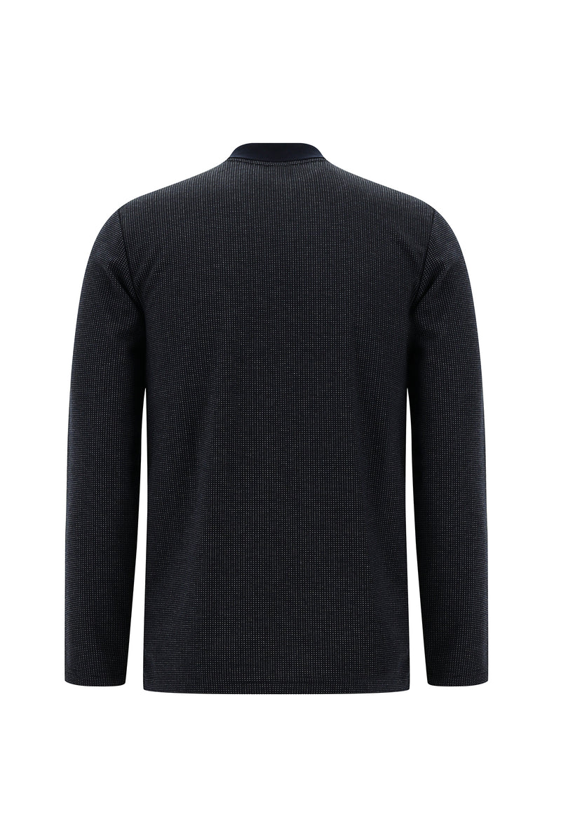 Koyu Lacivert Polo Yaka Regular Fit Fermuarlı Desenli Sweatshirt