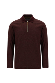 Koyu Bordo Polo Yaka Regular Fit Fermuarlı Desenli Sweatshirt