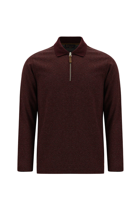 Koyu Bordo Polo Yaka Regular Fit Fermuarlı Desenli Sweatshirt