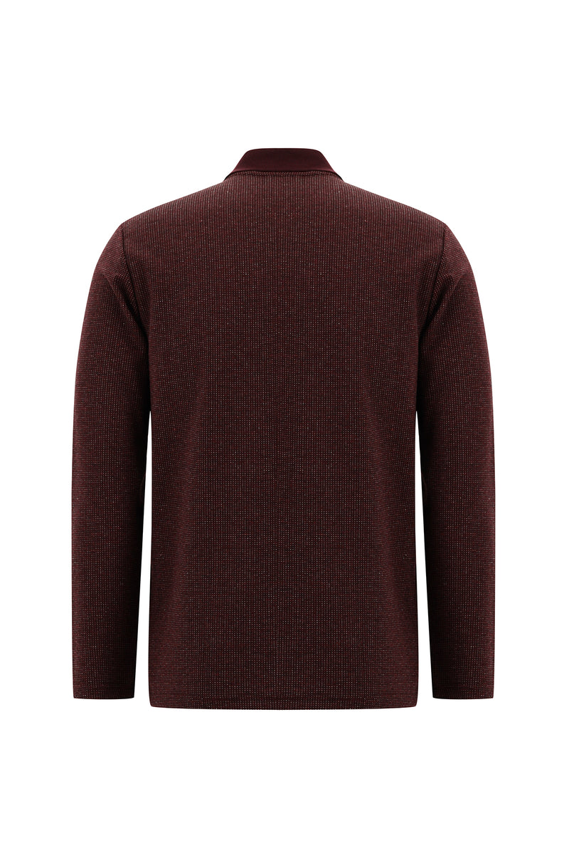 Koyu Bordo Polo Yaka Regular Fit Fermuarlı Desenli Sweatshirt