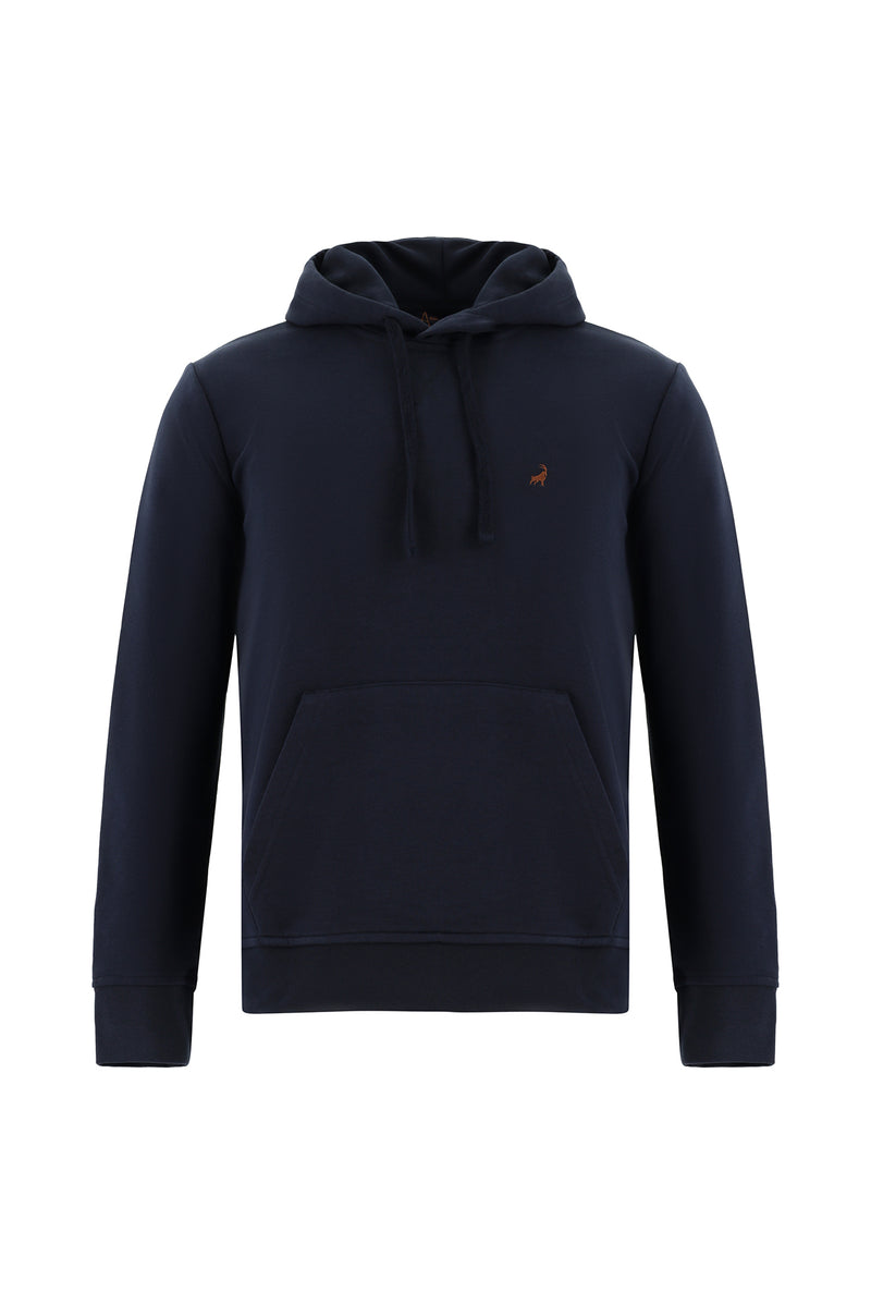 Koyu Lacivert Kapüşonlu Nakışlı Pamuklu Sweatshirt