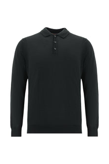 Siyah Polo Yaka Regular Fit Yünlü Triko Kazak