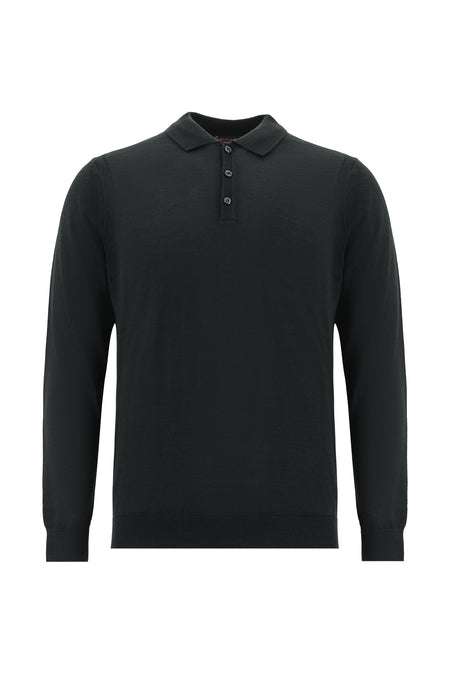 Siyah Polo Yaka Regular Fit Yünlü Triko Kazak